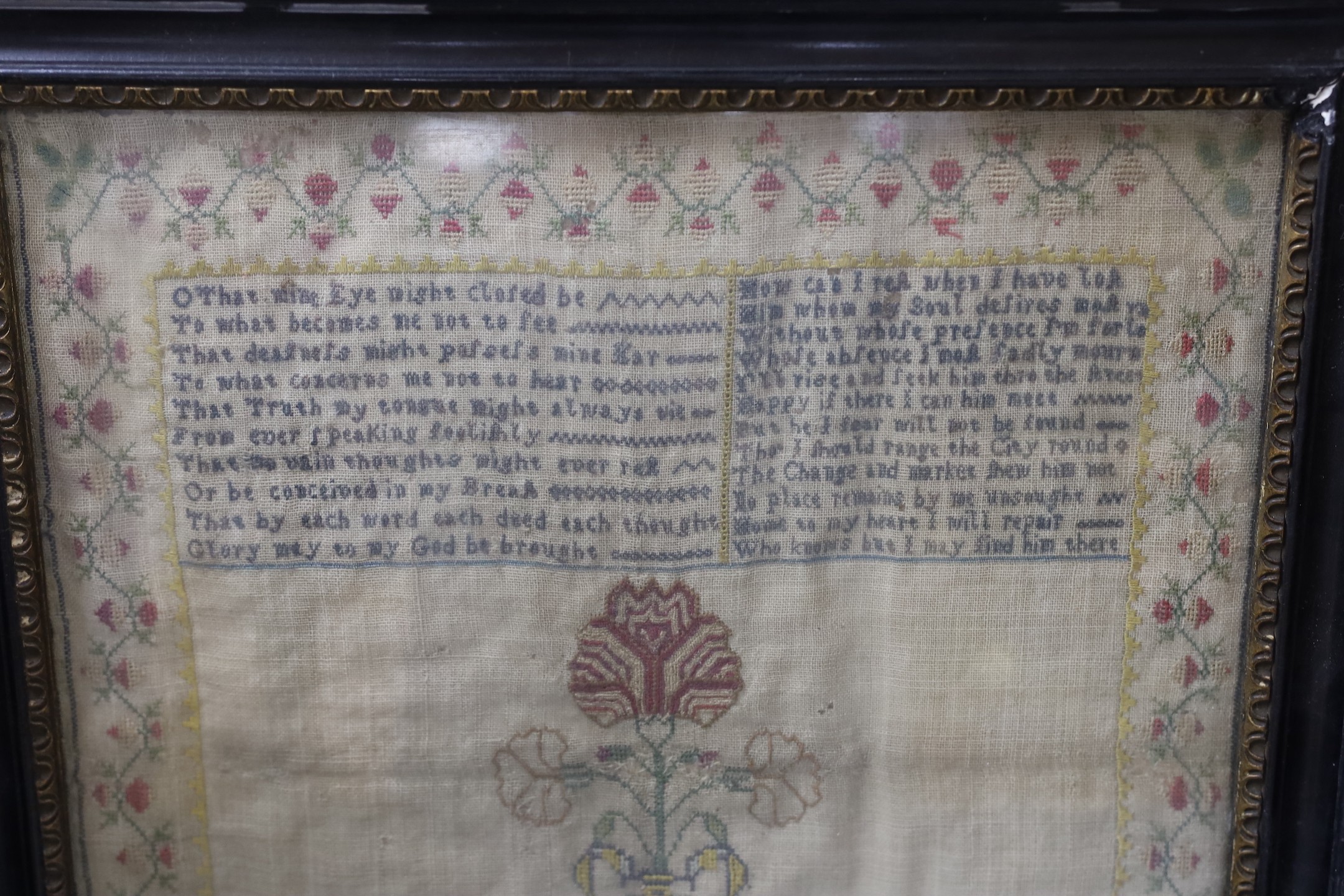 An 18th century framed silkwork sampler, 37x32cm excl frame